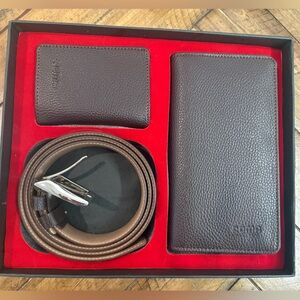 Roma Men's Brown Leather Wallet, Card Case & Belt Gift Set